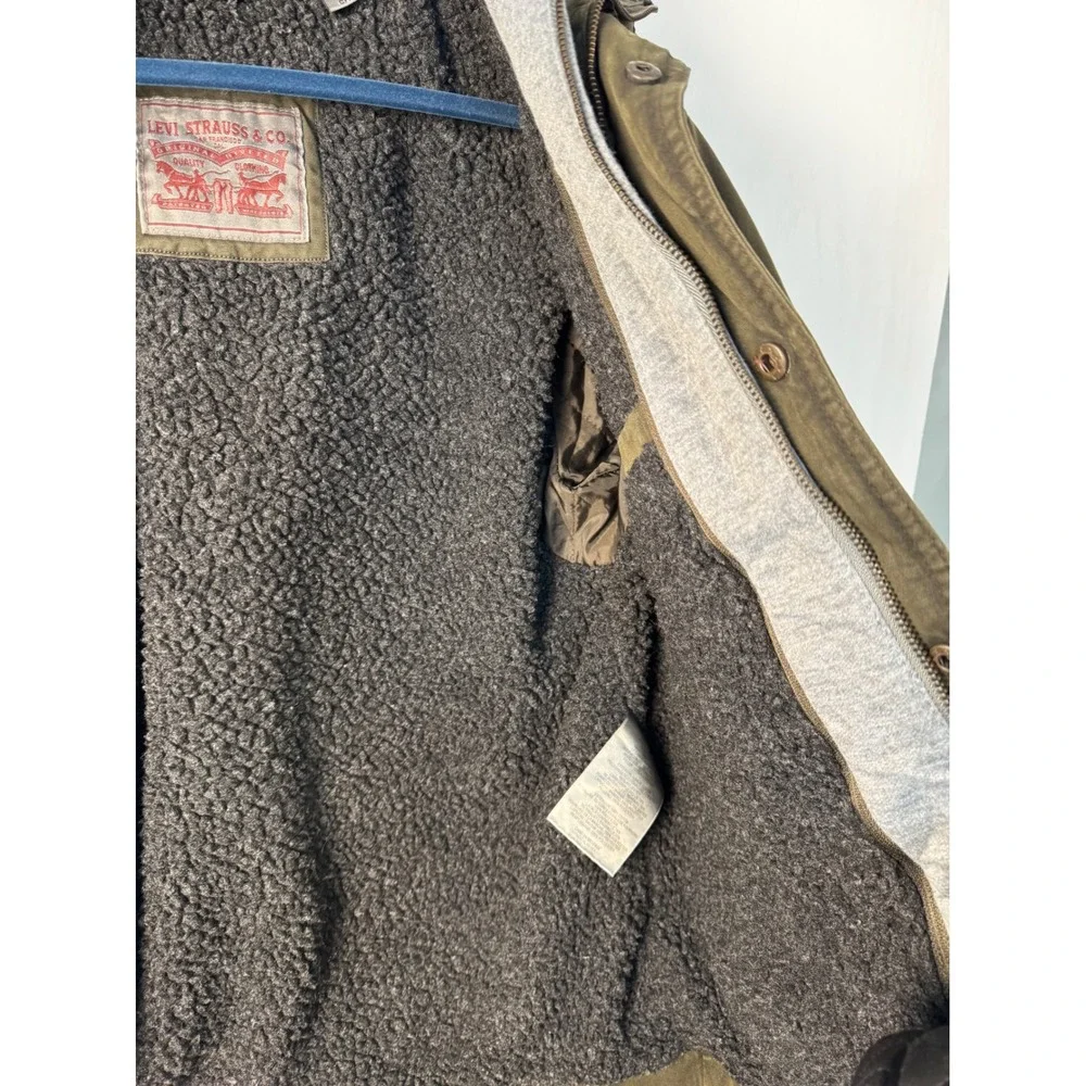 Levi's Mens Military Jacket Green‎ Olive Washed Cotton Sherpa Lined Hooded Small